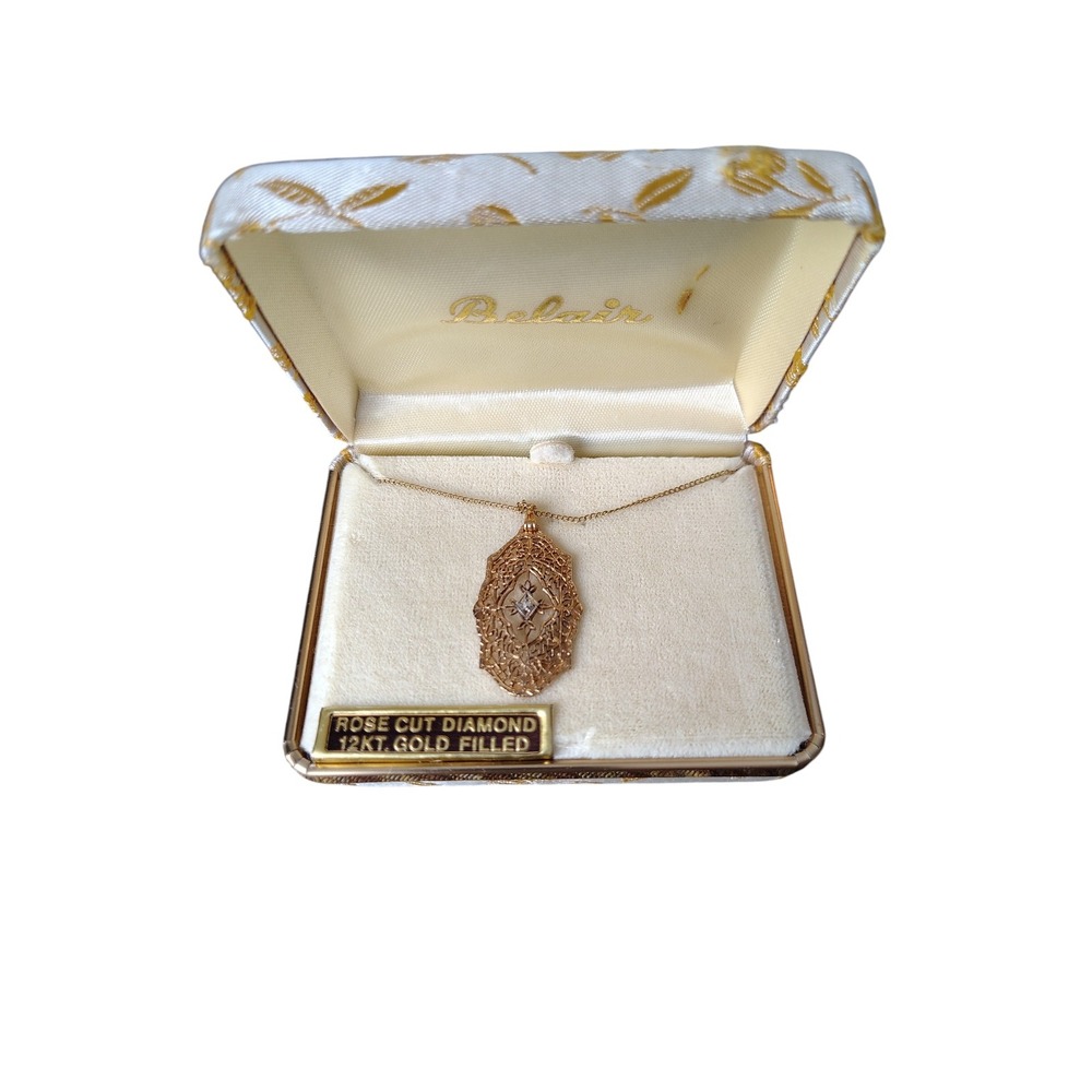Vintage 12kt gold‎ filled art deco filigree necklace rose cut diamond